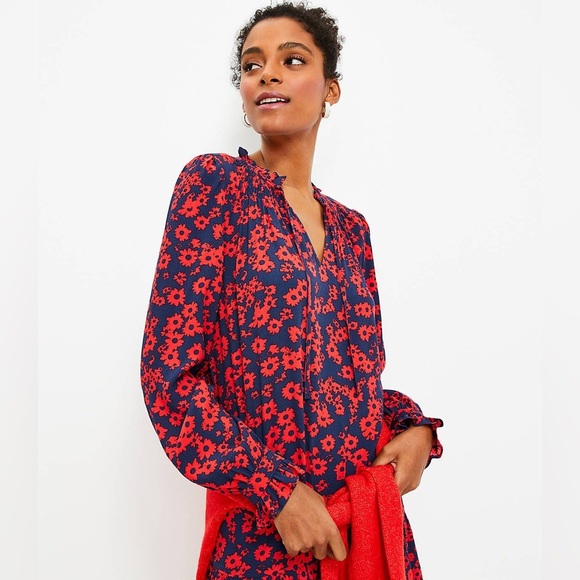 Loft Floral Tie Neck Flounce Dress Size Medium - Picture 2 of 9